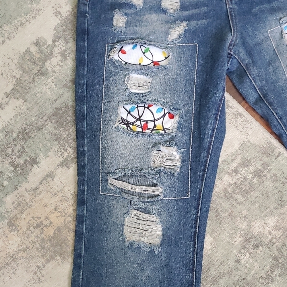 Blue Distressed Jeans with Christmas Lights Design - Picture 3 of 9